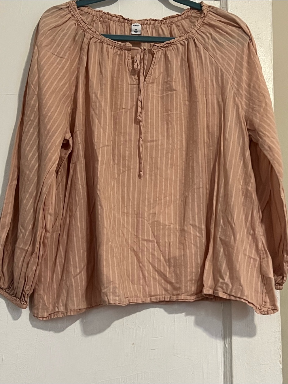 Long-Sleeve Dusty Rose Peasant Blouse with Tie Neck